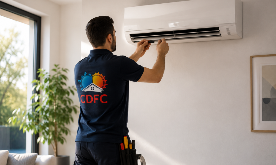 Entretien d'une climatisation murale- CDFC Technicien CDFC réalisant l'entretien d'une climatisation murale dans une habitation du Loiret